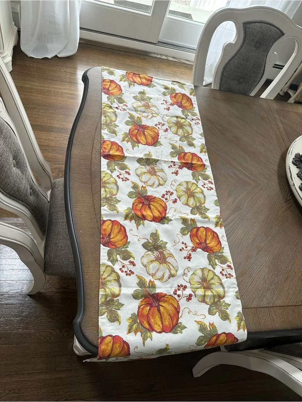 Harvest Pumpkin Print Table Runner - White, Orange & Green